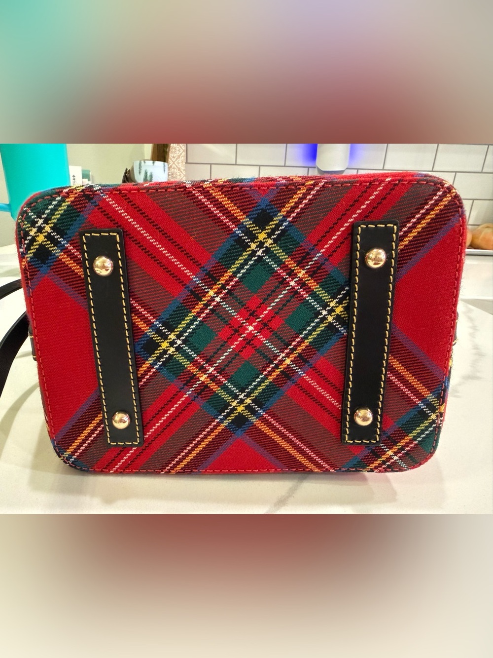 Dooney & Bourke Red Tartan Drawstring Bucket Bag with Matching Pouch - Picture 4 of 7